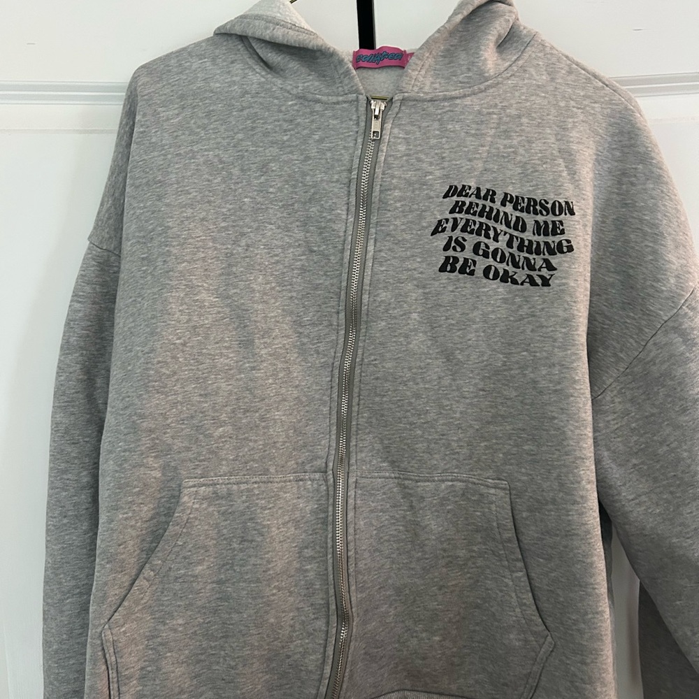 Edikted Gray Zip-Up Hoodie with Chest Text